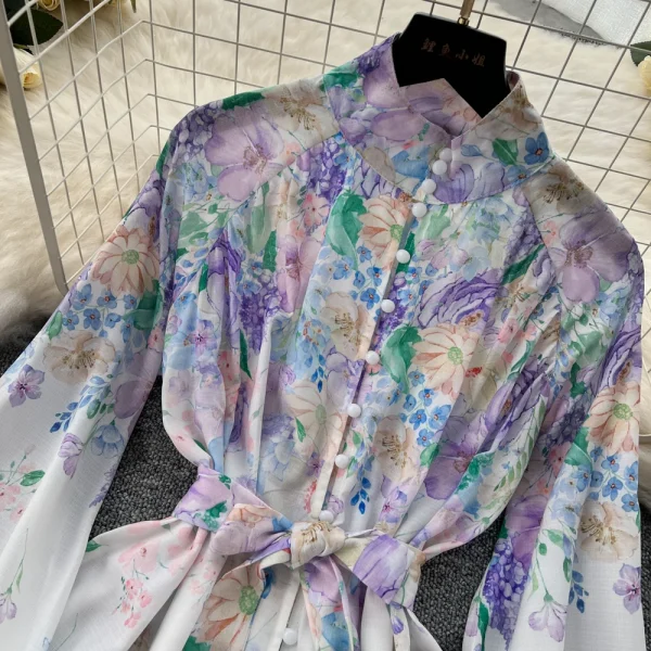 ZT1496 European 2025 New Dress Advanced Sense Stand Collar Single Breasted Waist Long Sleeve Printed Ruffled Mini Dress - Image 2