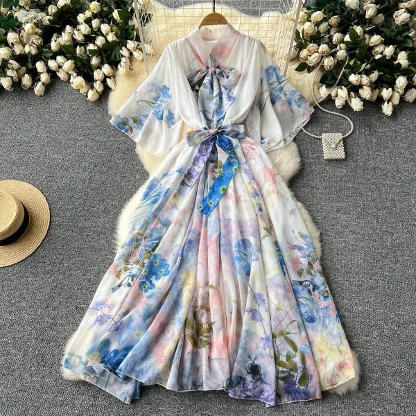 ZT1490 European Women's Dresses Loose Waist Binding Flared Sleeve Pendant Floral Printed Dress Elegant  Midi Dresses - Image 4