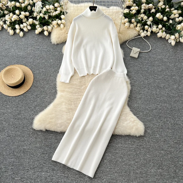 LW0143 Gentle Wind Suit Dress Lazy With Turtleneck Long-Sleeved Sweater Slim-Fit Wrap Hip Skirt Ladies Two-Piece Set - Image 2