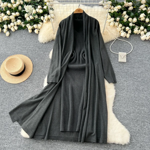 LW0096 Maillard Wears Two-Piece Female a Sleeveless Knit Dress With a Slouchy Sweater Coat Two-Piece for Women - Image 5