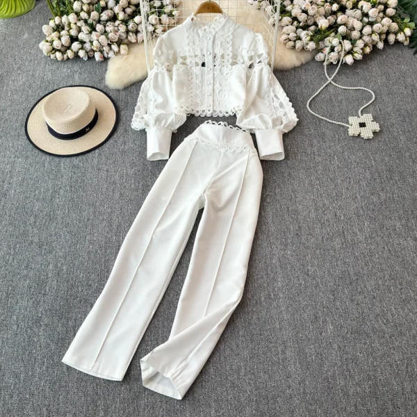 LE4756 Lantern Long-Sleeved Stand-Up Collar Hollowed-Out Lace Top Two-Piece Set of High-Waisted Temperament Nine-Point Trousers