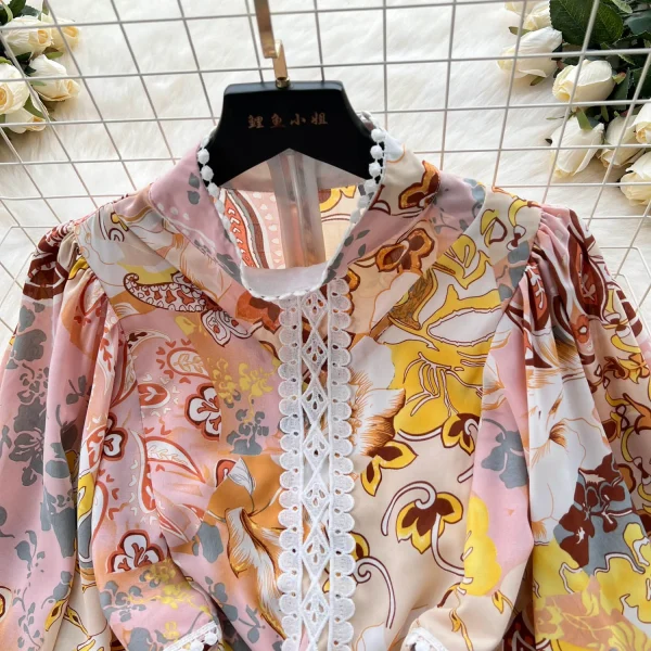ZT1456 Printed Dress Woman Clothes Floral Dress  Senior Sense  Retro Elegant Lantern Long Sleeve Waist Pleated Dress - Image 5