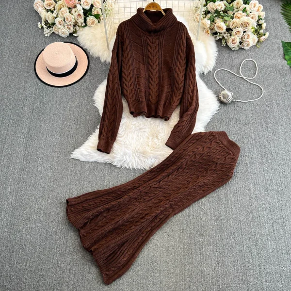 LE4754 Green Turtleneck Twist Sweater Women'S Winter Thick Loose Sweater Stretch Wrap Hip Skirt Two-Piece Set - Image 6