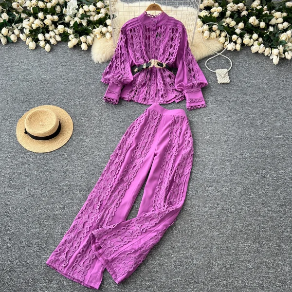 LE4758 Fashion Three-Piece Set 2025 Autumn Cutout Hook Lace Waist Long Sleeve Shirt High Waist Straight Pants - Image 5
