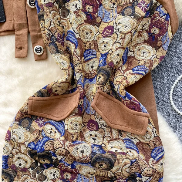 LW0126 Vintage Bear Jacquard Waistband Dress Women'S Short Deerskin Velvet Coat Preppy Two-Piece Suit - Image 5