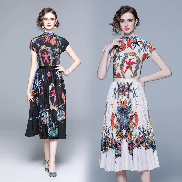 Accept Feminine Printing Pleated Set Boutique Women 2025 Fashion Slim Pleated Turtleneck T-Shirt Top Long Skirt Suit