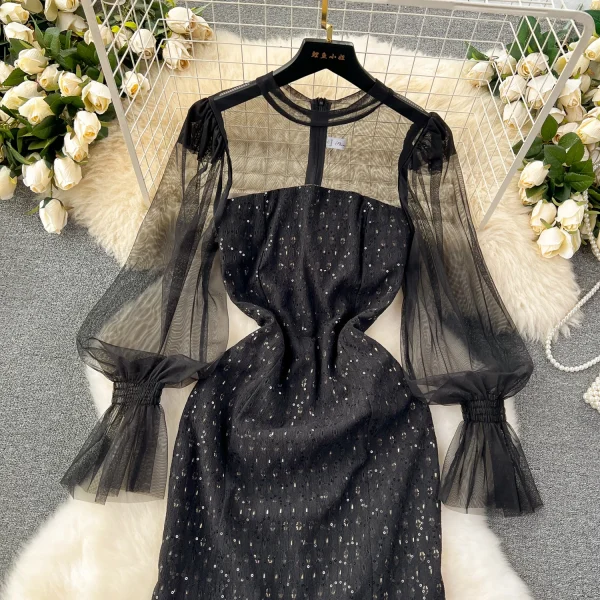ZT1552 High-end Sense Luxury Niche Sequin Embroidery Fishtail See-through Mesh Puffle-sleeve Temperament Midi Dress Evening Gown - Image 2