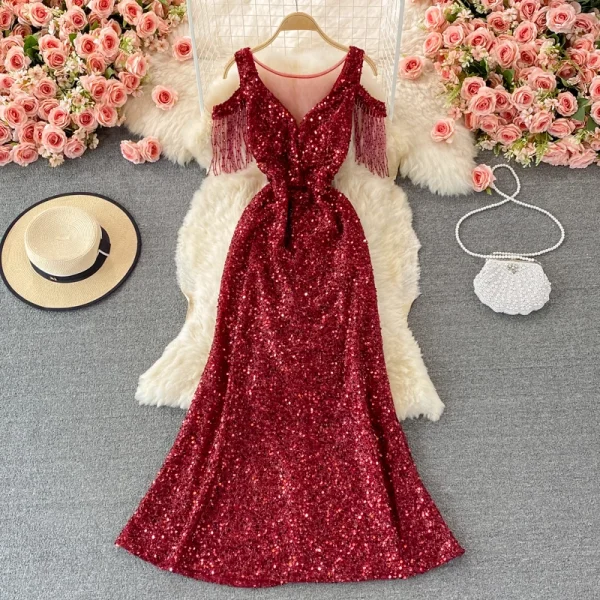 ZT1561 High-end Banquet Temperament Sequins Elegant High-end Host Aura Queen Dress V-neck Long  Fishtail Wrap Hip Evening Gown