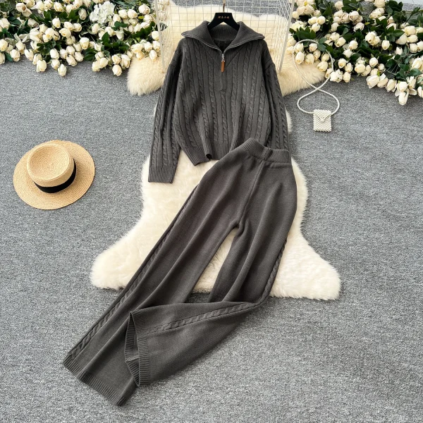 LW0142 Korean Casual Pullover Lapel Zipper Long Sleeve Sweater Women'S High Waist Wide Leg Straight Leg Pants Two-Piece-Set - Image 2