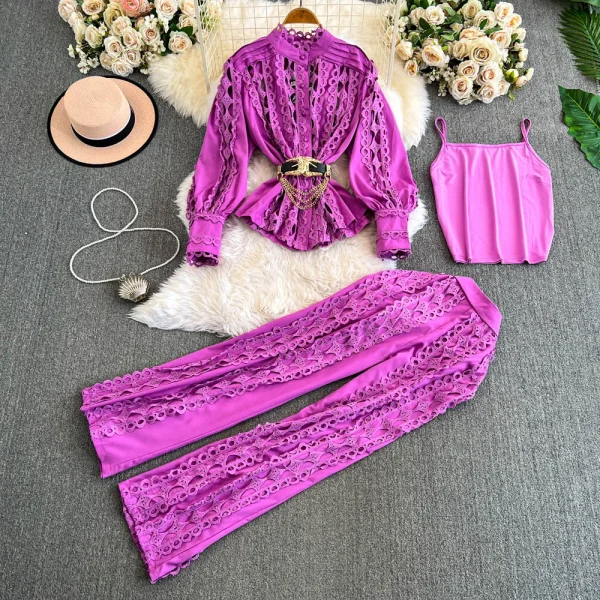 LE4753 Women'S French Lace Hook Flower Lantern Sleeve Shirt Three-Piece Set of High-Waisted Slimming Wide-Leg Pants - Image 5