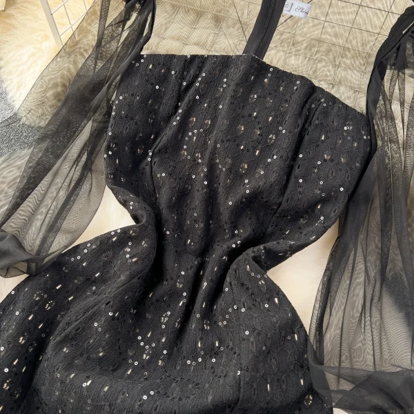 ZT1552 High-end Sense Luxury Niche Sequin Embroidery Fishtail See-through Mesh Puffle-sleeve Temperament Midi Dress Evening Gown - Image 3