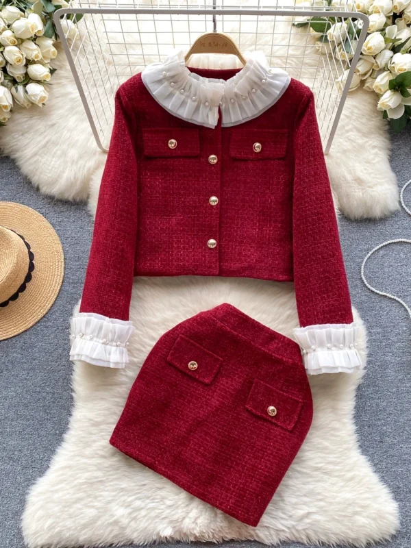 LE4749 Elegant 2-Piece Sets for Women Studded Ruffled Cardigan Jacket + Skirt Age Reduction Two-Piece Set - Image 6