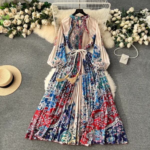 ZT1529 Retro Palace Style Design Sense Floral Printed  Pleated Puffy Sleeve Dress Spring Women Pleated Midi Dress - Image 5