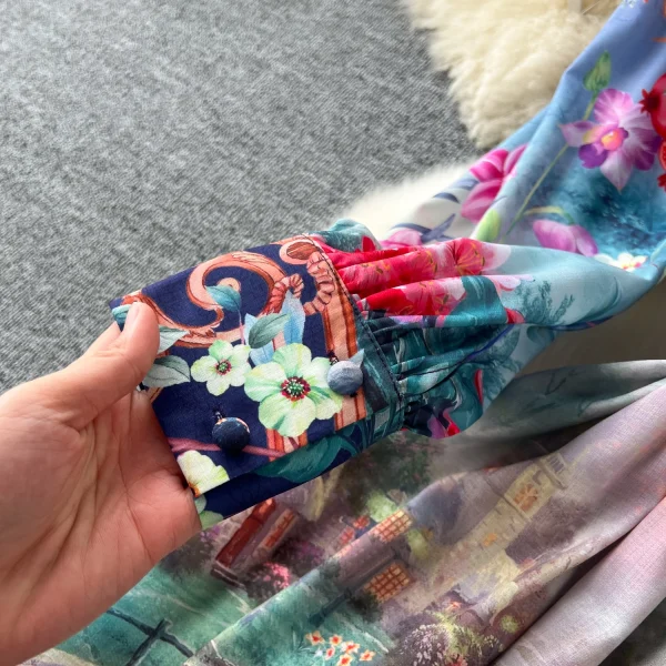 ZT1521 Palace Vintage French Senior Sense Stand Collar Lantern Long-sleeved Floral Elegant Printed Swing Dress Maxi Dress Woman - Image 5
