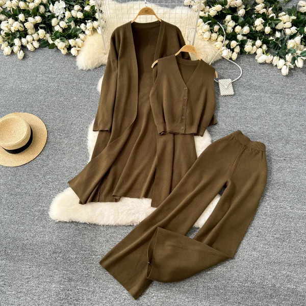 LW0110 Haute Couture Sleeveless V-Neck Vest Loose Mid-Length Knit Coat High-Waisted Trousers Women'S Three-Piece Set - Image 2
