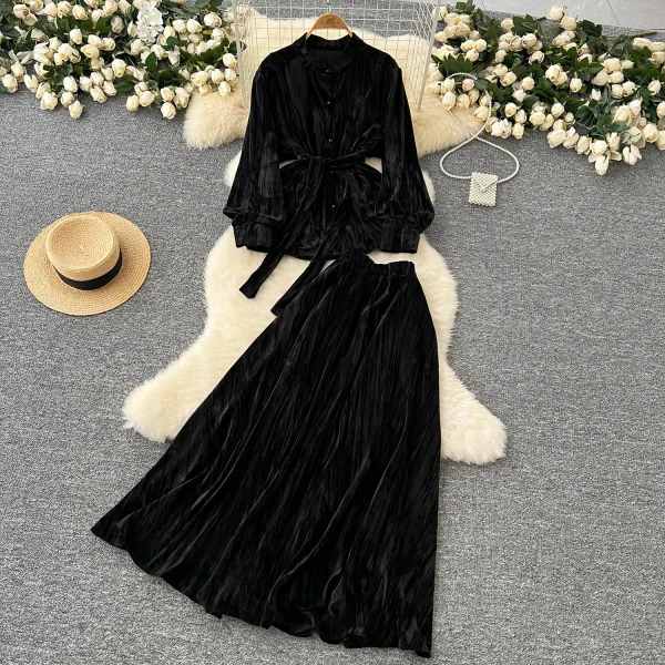 LW0137 High-Grade Velvet Two-Piece Set Women'S New Long Sleeve Shirt With Waist and Waist High Waist Slimming Dress - Image 3