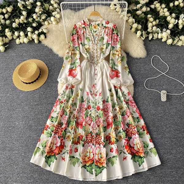 ZT1479 European Printed Dress Female Summer Lantern Sleeve Waist Single-breasted Luxury Unique Temperament Maxi Dress