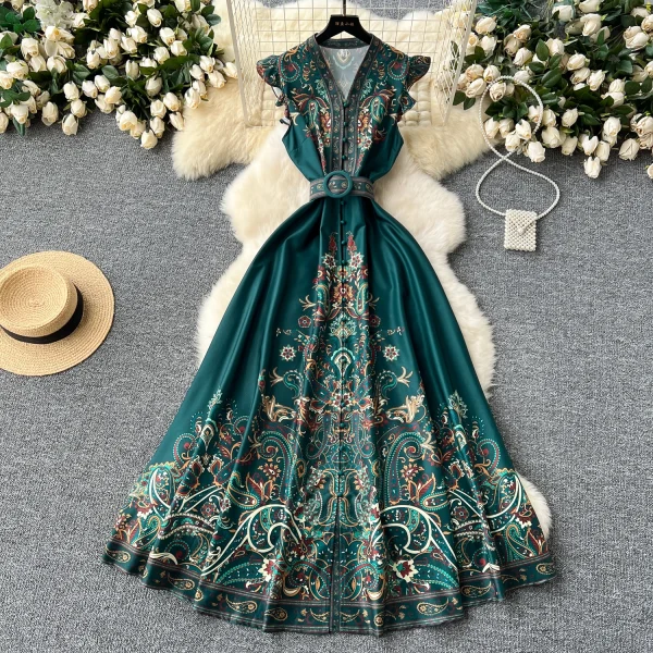 ZT1503 European Americanhigh-end Temperament Small Flying Sleeve Waist V-neck Single Breasted Printed Dress Retro Maxi Dresses - Image 2