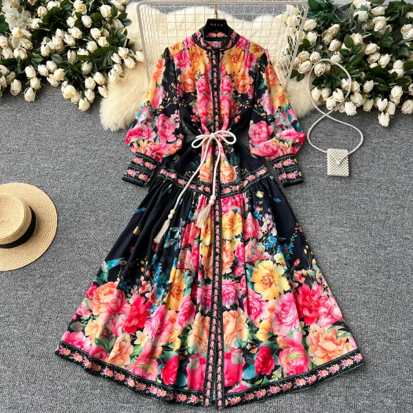 ZT1504 Vintage Stand Collar Lantern Long-sleeved Big Swing Dress Women Floral Printed Dress Elegant Midi Dresses - Image 5