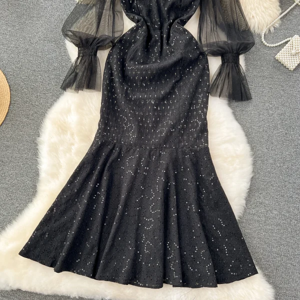 ZT1552 High-end Sense Luxury Niche Sequin Embroidery Fishtail See-through Mesh Puffle-sleeve Temperament Midi Dress Evening Gown - Image 6