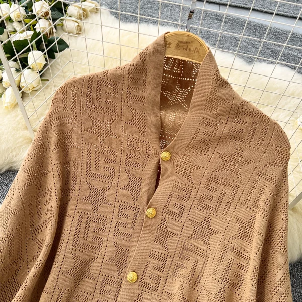 LW0131 Elegant Ladies Two-Piece Set Loose Irregular Knit Cape Knit Smock Coat Chain Strap Dress Two-Piece for Women - Image 4