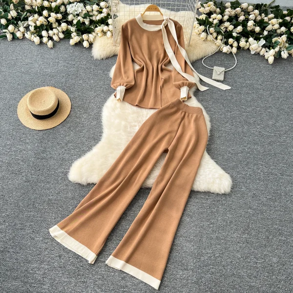 LW0147 Women'S Two-Piece Crew-Neck Tie With Lantern Sleeve Knitted Top High-Waisted Casual Pants Women 2 Piece Winter Suit - Image 2