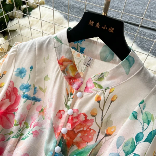 ZT1508 European Fashion High-end Vintage Elegant Stand Collar Single Breasted Long Sleeve Print Holiday Maxi Dress - Image 2