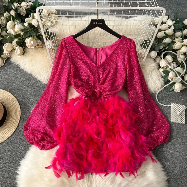ZT1548 2025 Early Spring New Short Dresses Socialite High-end Sequin Puffed Sleeve Stitching Feather Wrap Hip Dress Evening Gown