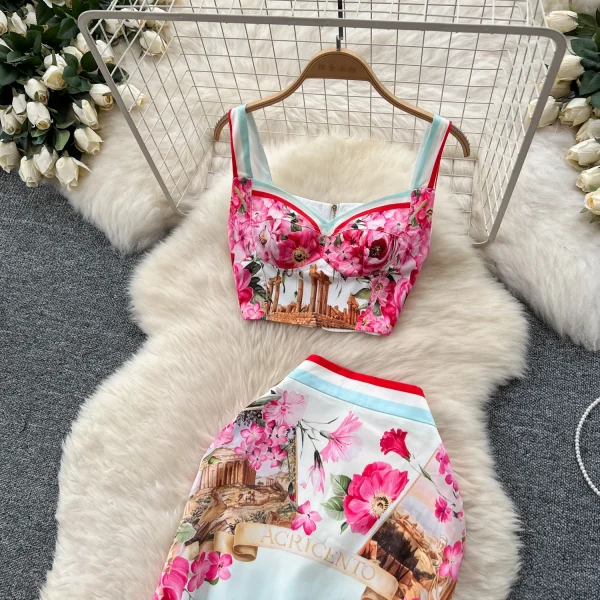 LW0464 Retro Fashion Positioning Print Short Halter Top Two Sets of Women'S High-Waisted Slim-Fit Wrap Hip Skirt - Image 3