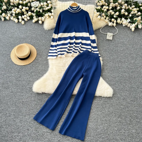 LW0150 Casual Wear With Women'S Turtleneck Matching Striped Knitwear Women'S High-Waisted Pants Sweater Women'S Two-Piece Set