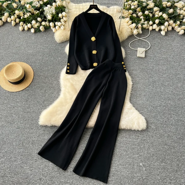 LW0104 Small Fragrant Wind Two-Piece Women'S Metal Button Sweater Sweater Sweater Casual Pants Two-Piece Ladies - Image 3