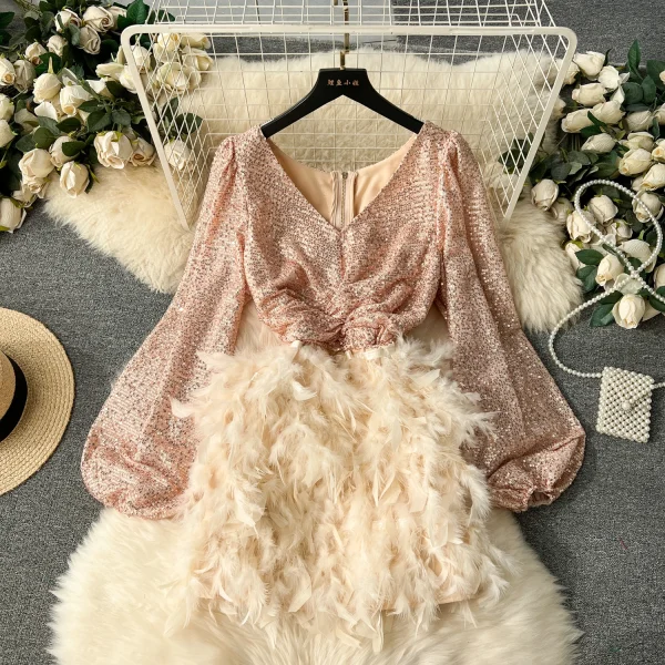 ZT1548 2025 Early Spring New Short Dresses Socialite High-end Sequin Puffed Sleeve Stitching Feather Wrap Hip Dress Evening Gown - Image 3