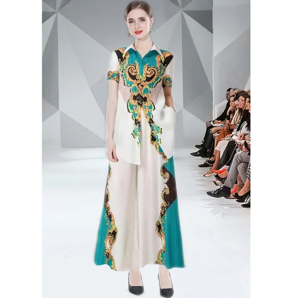 High Elasticity Courtly Style Printed Miyake Fold Suit Pleated Loose Lapel Single Breasted Shirt Wide Leg Pants 2-Piece Set - Image 3