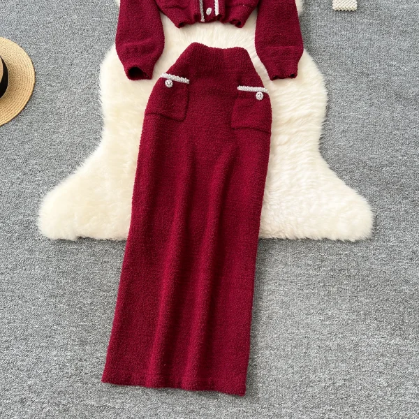 LE4762 2025 Winter Pant Sets Advanced Sense Heavy Industry Nailed Bead Round Neck Long Sleeve Sweater High Waist Slim-Fit Skirt - Image 6