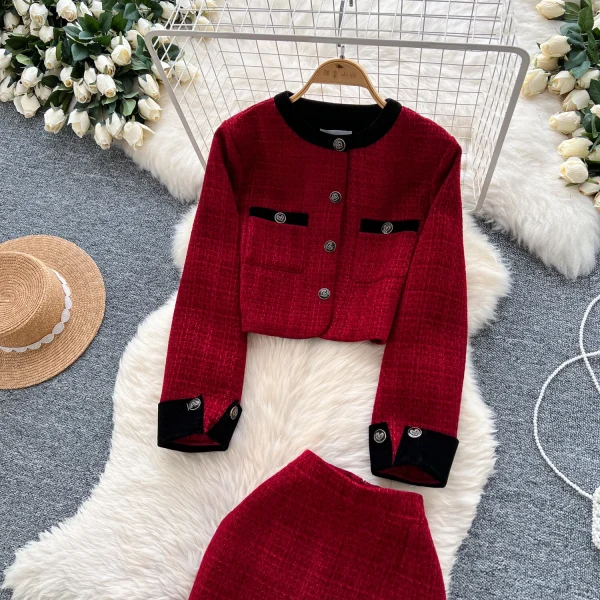 LW0117 High-Grade Metal Buckle Round Neck Short Coat Women'S High Waist Slim-Fit Wrap Hip Skirt Women'S Two-Piece Set - Image 3