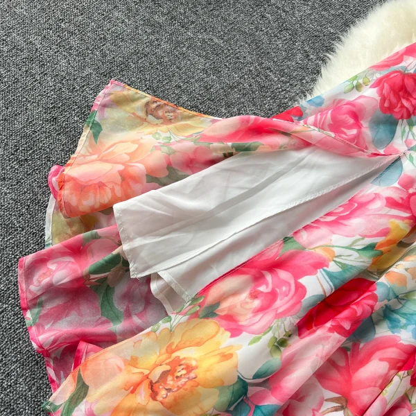 ZT1500 One-line Shoulder Ruffled Waist European Design Large Swing Printed Chiffon Floral Printed Elegant Midi Dresses - Image 3