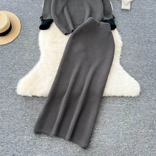 LW0141 Turtleneck Matching Color Pullover Sweater Women'S High Waist Slim Mid-Length Skirt Women'S Sweater Two Sets - Image 6