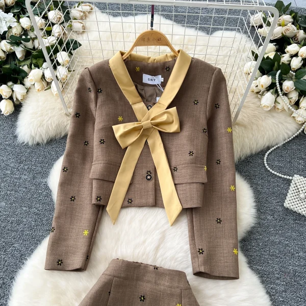 LE4757 Senior Sense Wear Women'S Autumn Two-Piece Set Bow Short Embroidered Coat High Waist Skirt - Image 5
