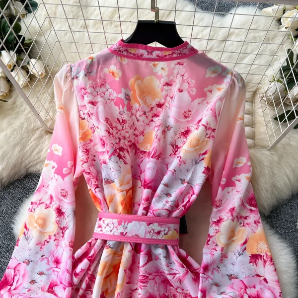 ZT1501 European Fashion Print Dress Female Niche Vintage Long Sleeves V-neck Single-breasted Long Swing Holiday Dress - Image 4