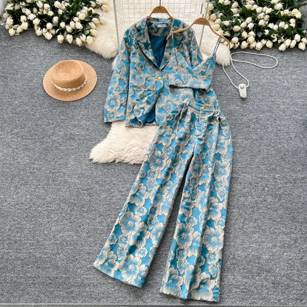 LW0103 Light Wind Relief Embossed Gold Flower Long Sleeve Suit Jacket With Broad Leg Trousers Three-Piece Set