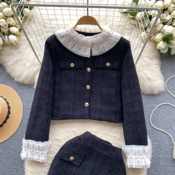LE4749 Elegant 2-Piece Sets for Women Studded Ruffled Cardigan Jacket + Skirt Age Reduction Two-Piece Set - Image 4