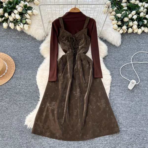 LW0113 French Retro Design Sense Tie up Waist Halter Dress Women'S Two-Piece Set With High Neck T-Shirt Top