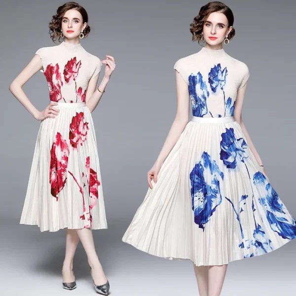 LE1305 Accept  Casual Style Boutique Women 2 Pieces Sets Floral Print Miyake Pleated Short-Sleeved Tops Pleated Skirts