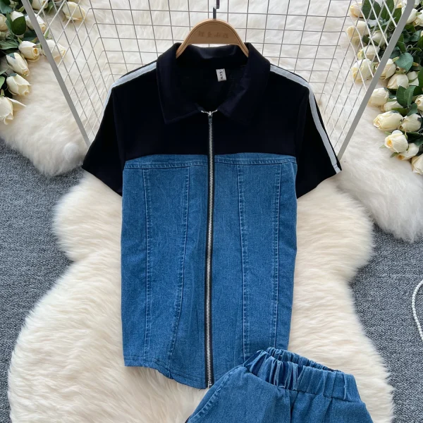 LE4750 Casual Wear With a Two-Piece Women'S Fashion Stand Collar Zipper Short Sleeve Patchwork Top Wide-Leg Pants Denim Suit - Image 3