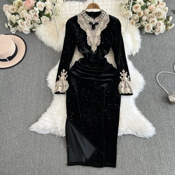 ZT1558 Sexy Velvet Dress Women Autumn-winter Retro Design Temperament Elegant Cheongsam Socialite Party Dress  Vintage Dress - Image 5