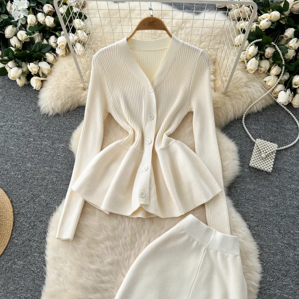 LW0121 Elegant Knitwear Two-Piece Women'S Waist Waist With Lotus Leaf Hem Long Sleeve Top High Waist Micro-Stretch Long Pants - Image 5