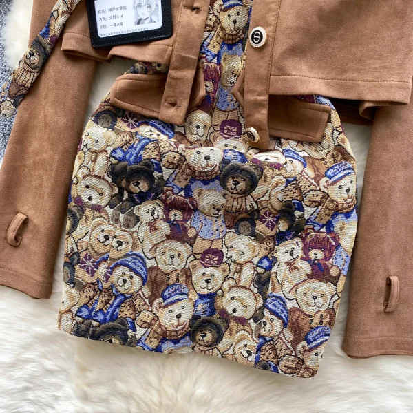 LW0126 Vintage Bear Jacquard Waistband Dress Women'S Short Deerskin Velvet Coat Preppy Two-Piece Suit - Image 4