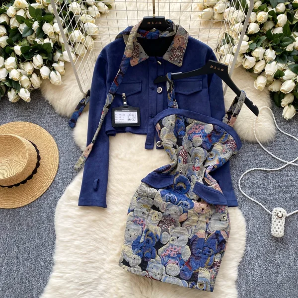 LW0126 Vintage Bear Jacquard Waistband Dress Women'S Short Deerskin Velvet Coat Preppy Two-Piece Suit - Image 2