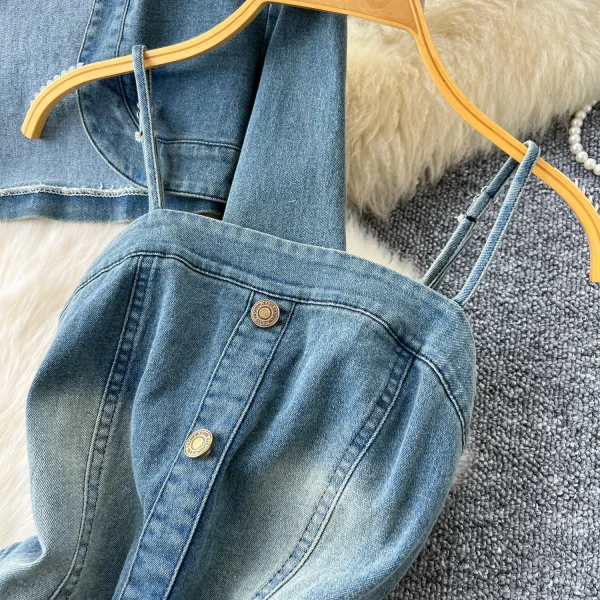LE4751 Spice Girls Denim Suit Pant Sets Women Fall Two-Piece Waist Slimming Halter Pleat Dress + Long Sleeve Cardigan Coat - Image 5