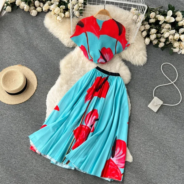 LE1297 Fast Delivery Boutique Women'S Pleated Casual Suit Long Pleated Skirts Print Shirt Short Sleeve Top